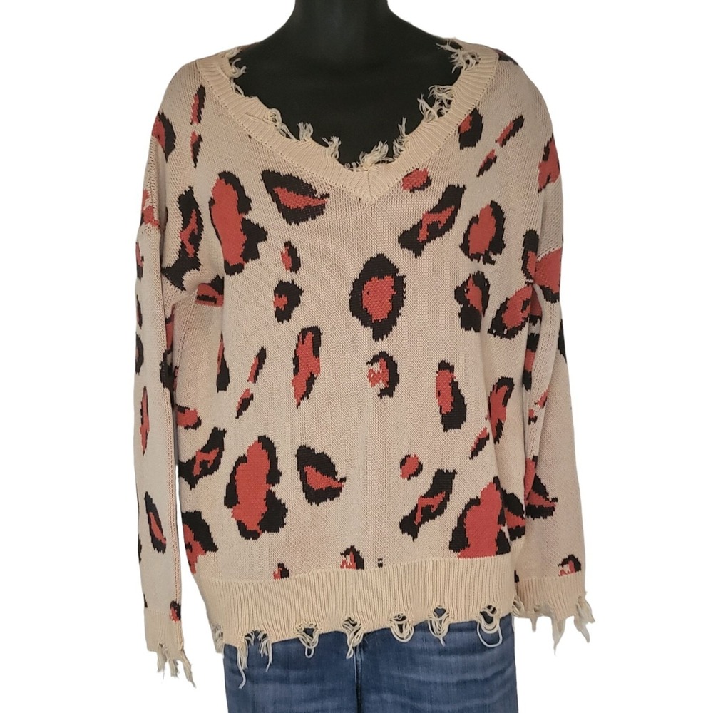 Promesa Sweater Women Sz L Leopard Print Frayed Long Sleeve Boho Distressed Chic